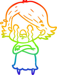 rainbow gradient line drawing of a cartoon woman crying