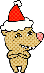 hand drawn comic book style illustration of a bear showing teeth wearing santa hat