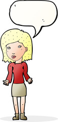 cartoon woman shrugging shoulders with speech bubble
