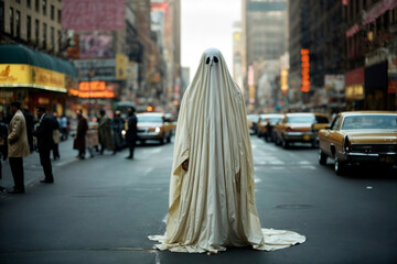 Obraz premium Bed sheet ghost standing on the street in a big city