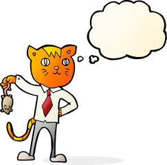 cartoon business cat with dead mouse with thought bubble