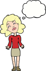 cartoon woman shrugging shoulders with thought bubble