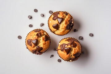 Muffins decorated with heart shape chocolate Valentine day symbol, top view. Generative AI