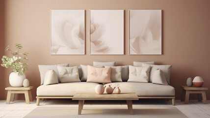 Fototapeta na wymiar Sandy Beige Sofa with Light Coral Pillows against a Neutral Beige Wall