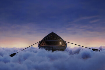 3D rendering of abandoned wooden boat with oil lamp over blue clouds