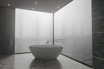 3D rendering of elegant bathroom with freestanding bathtub in front of beautiful lake in the morning fog