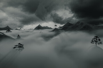 3D rendering of asian landscape with hills and mountains covered by fog veil