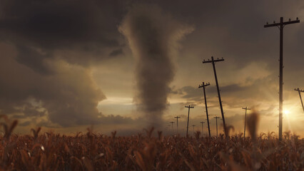 3D Rendering of a tornado into withered corn field next to utility poles