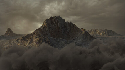 3D Rendering of dystopian landscape covered by dark clouds