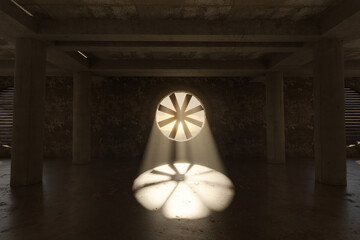 3D rendering of ventilation system with light rays in concrete garage