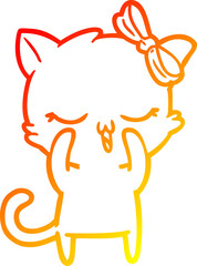 warm gradient line drawing of a cartoon cat with bow on head