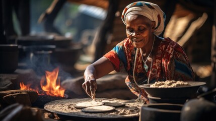 Mature Afro-American woman cooking flatbreads on an open flame grill in a traditional kitchen setting. - obrazy, fototapety, plakaty