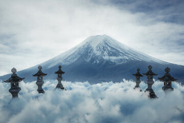 3D rendering of epic cloudscape in front of fuji mountain