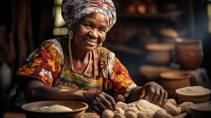 Portrait of an African aged woman in a local kitchen - black woman preparing traditional flatbreads - obrazy, fototapety, plakaty