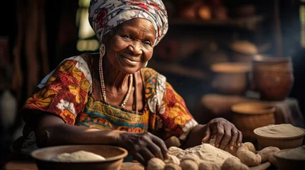 Foto op Canvas Portrait of an African aged woman in a local kitchen - black woman preparing traditional flatbreads © Liana