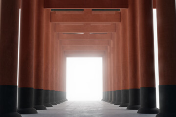 3D rendering of a row of torii gates with bright light at the end