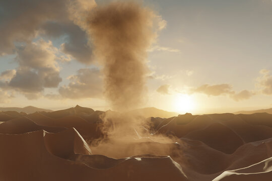 3D rendering of sandstorm over sand dunes in the evening sunlight