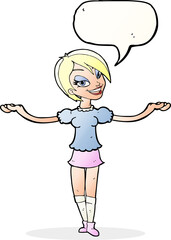 Obraz premium cartoon woman making open arm gesture with speech bubble