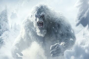 white fur brother to bigfoot monster in a blizzard - 3D illustration. Generative AI - obrazy, fototapety, plakaty