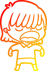 warm gradient line drawing of a cartoon woman talking loudly