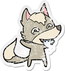 distressed sticker of a cartoon hungry wolf