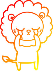 warm gradient line drawing of a crying cartoon lion