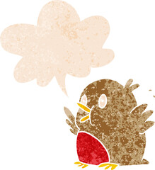 cartoon excited robin with speech bubble in grunge distressed retro textured style