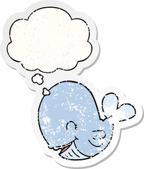 cartoon whale with thought bubble as a distressed worn sticker