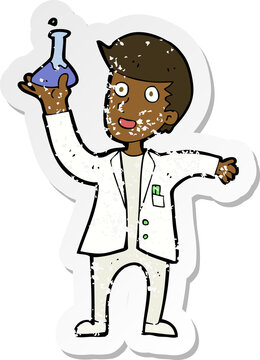 recommend clip art: retro distressed sticker of a cartoon happy scientist