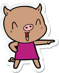 sticker of a happy cartoon pig in dress