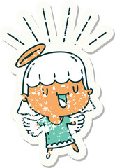 worn old sticker of a tattoo style singing angel