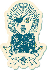 Retro Tattoo Style elf rogue character with natural twenty dice roll