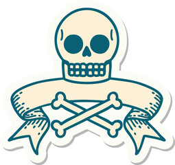 tattoo style sticker with banner of a skull