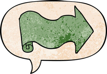 cartoon arrow with speech bubble in retro texture style