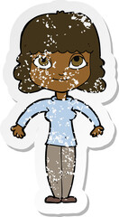 retro distressed sticker of a cartoon woman shrugging shoulders