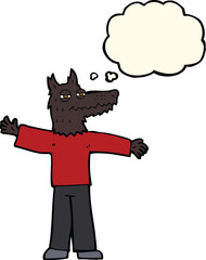 cartoon happy wolf man with thought bubble
