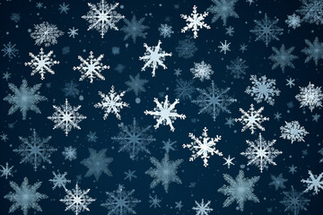 Fototapeta na wymiar Whirling Snowflakes In Silver On A Deep Blue Gradient
