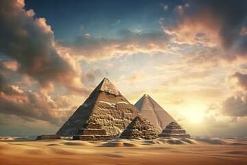 Ancient colossal structure in Egypt comprised of three pyramids: Great Pyramid, Pyramid of Khafre, and Pyramid of Menkaure. Generative AI