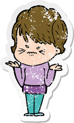 distressed sticker of a cartoon frustrated woman