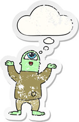cartoon halloween monster with thought bubble as a distressed worn sticker