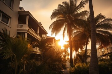 Residential property with palm trees at sunset. Generative AI