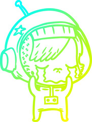 cold gradient line drawing of a cartoon crying astronaut girl