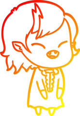 warm gradient line drawing of a cartoon laughing vampire girl