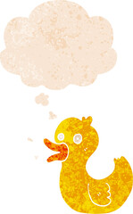 cartoon quacking duck with thought bubble in grunge distressed retro textured style