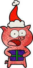 hand drawn textured cartoon of a pig with christmas present wearing santa hat