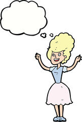 cartoon happy 1950's woman with thought bubble