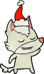 friendly hand drawn textured cartoon of a wolf wearing santa hat