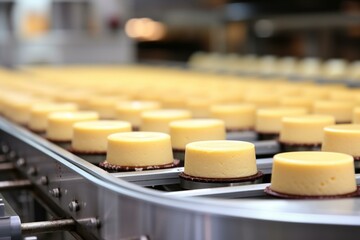 Cakes on moving conveyor in bakery production line. Generative AI