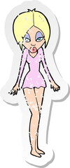 retro distressed sticker of a cartoon woman in short dress