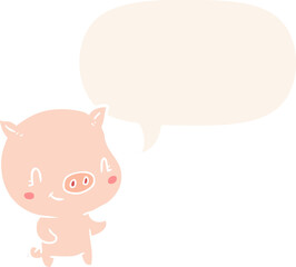 cute cartoon pig with speech bubble in retro style